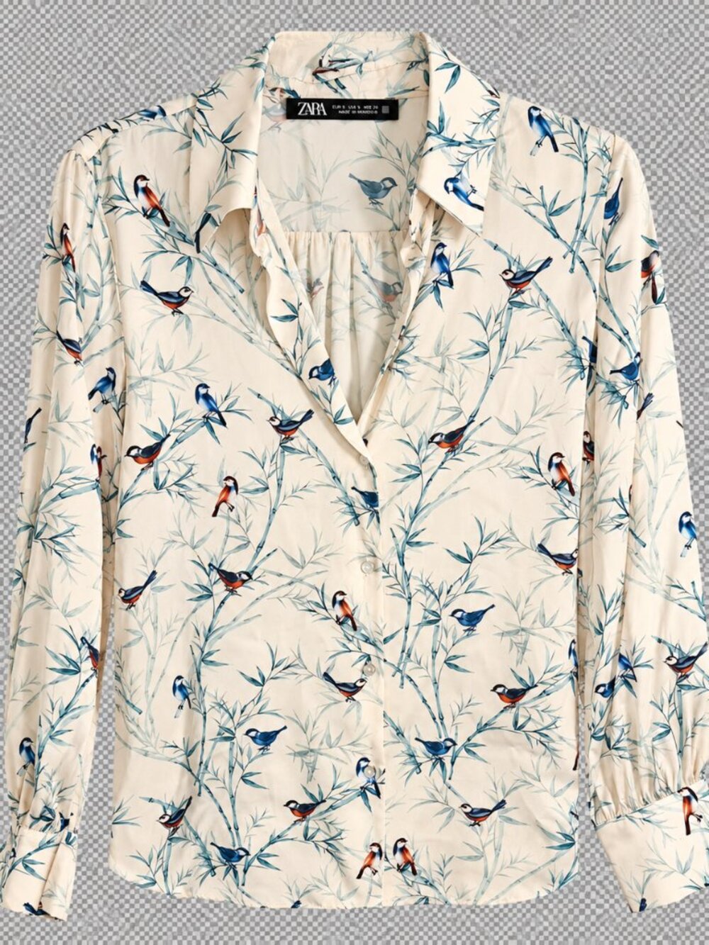 ZARA Bird & Bamboo Print Button Down Blouse Cream Blue Size S